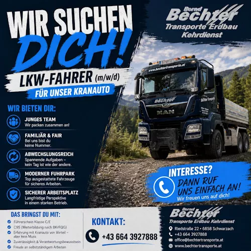 LKW Fahrer gesucht, Bechter Transporte Schwarzach